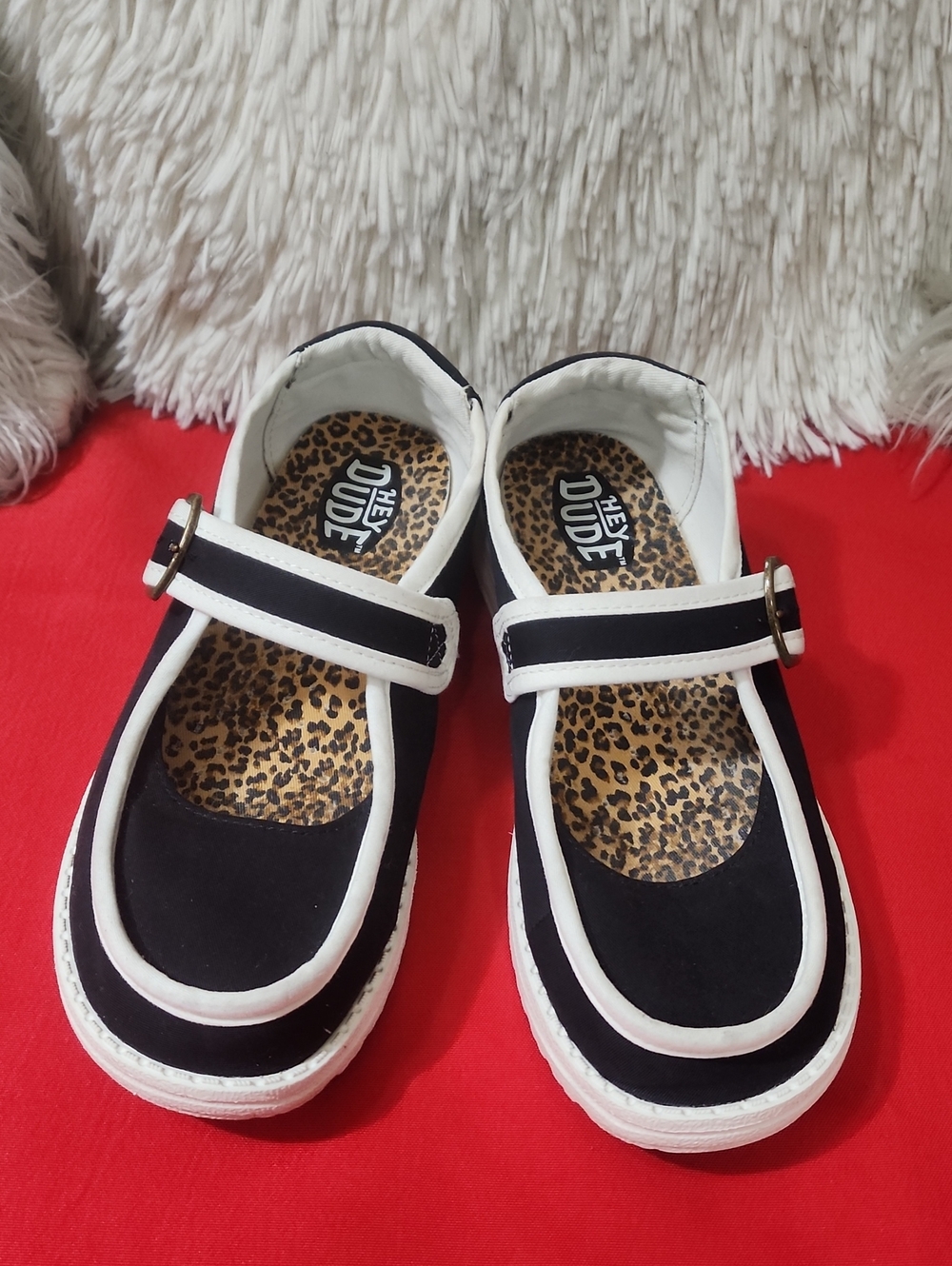 Hey Dude Black and White Women's Mary Jane Shoes with Leopard Insole